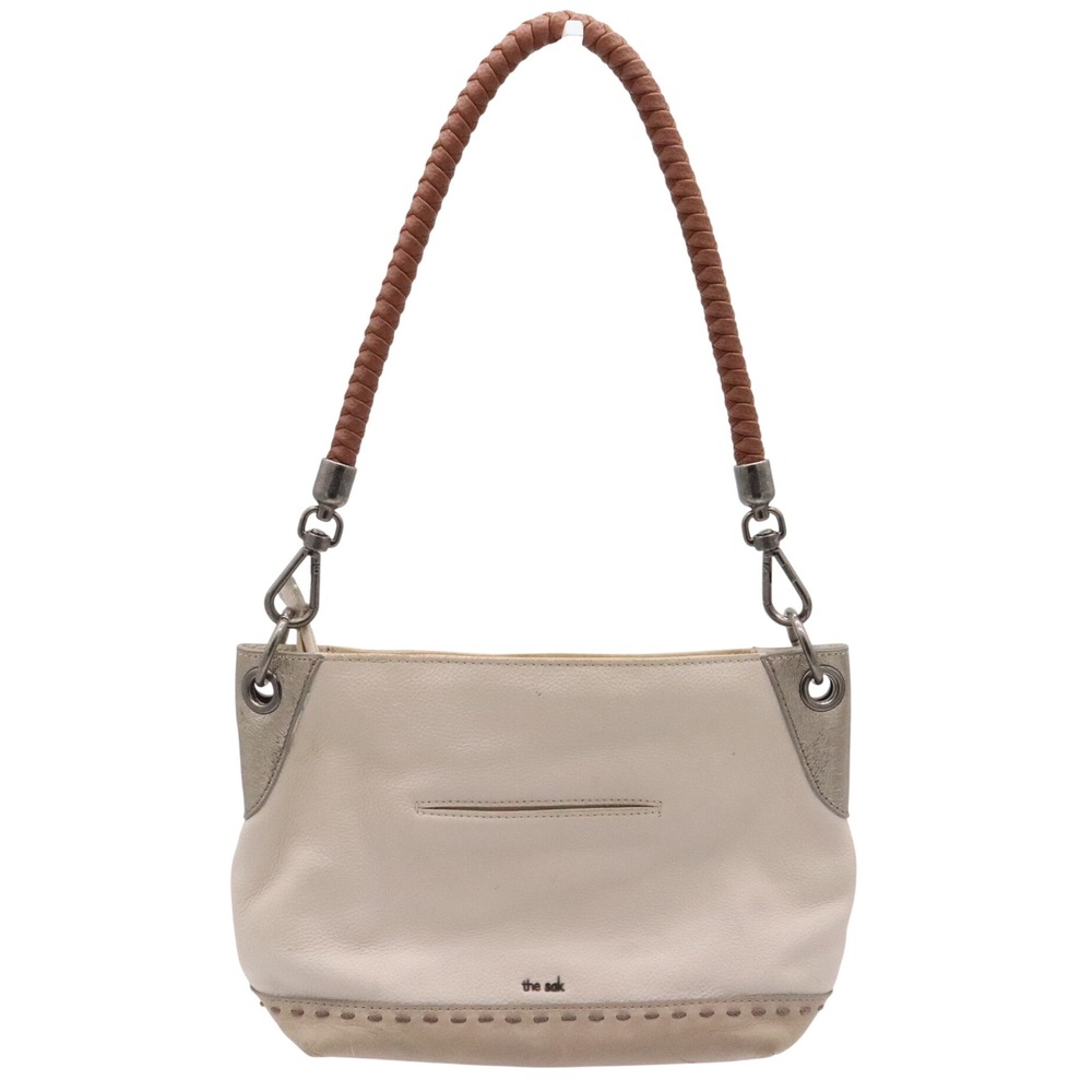 The Sak Shoulder Bag Womens Small Cream Pebbled Leather Braided Handle Excellent